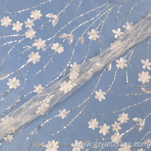 White Crystal Sequin Flower Embroidery Fabric